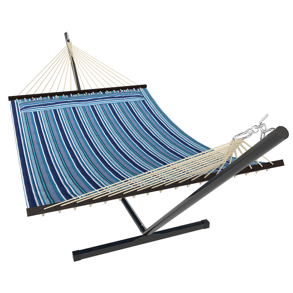 Hammock with sturdy steel frame stand for patio and garden, blue and white
