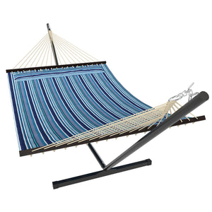 Hammock with sturdy steel frame stand for patio and garden, blue and white