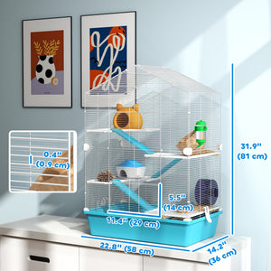 5-level hamster cage with platforms, ramps, and accessories – White and pale blue