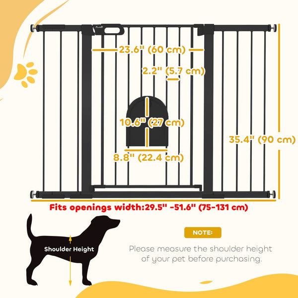 Extra Wide Pet Gate for 30-52" Pets with Small Door, Pressure Mount for Stairs, Black