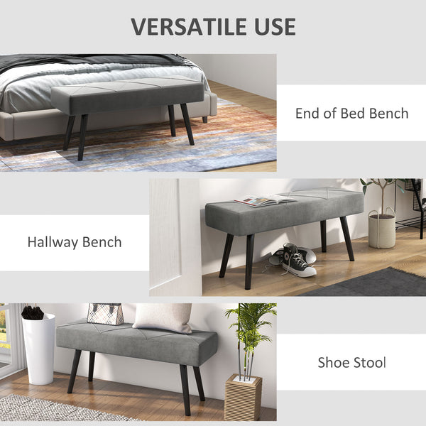 Upholstered bedroom bench with steel legs, gray
