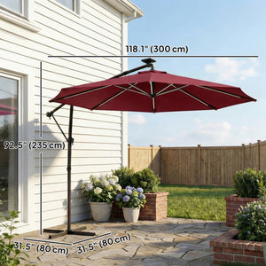 3m Cantilever Parasol with Solar LED Lighting, 360° Rotation, Tilt and Protective Cover, Burgundy