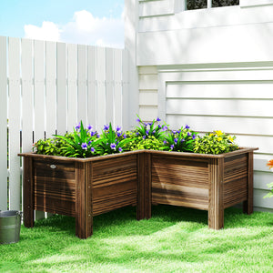 L-shaped raised wooden planter