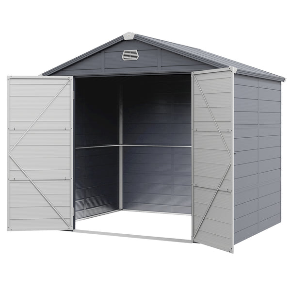 Plastic garden shed with latch door, ventilation, sloping roof, light grey