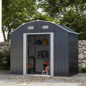 Galvanized garden shed with adjustable shelves, double sliding door and ventilation