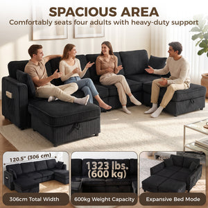 U-shaped corduroy sofa with double storage ottoman, under-seat storage, 4 cushions, dark grey