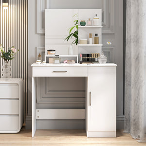 Dressing table with mirror, makeup cabinet with drawer, adjustable shelves