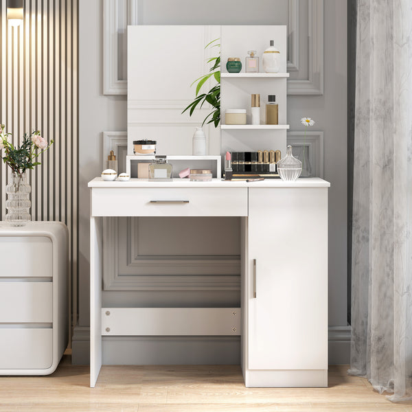 Dressing table with mirror, makeup cabinet with drawer, adjustable shelves