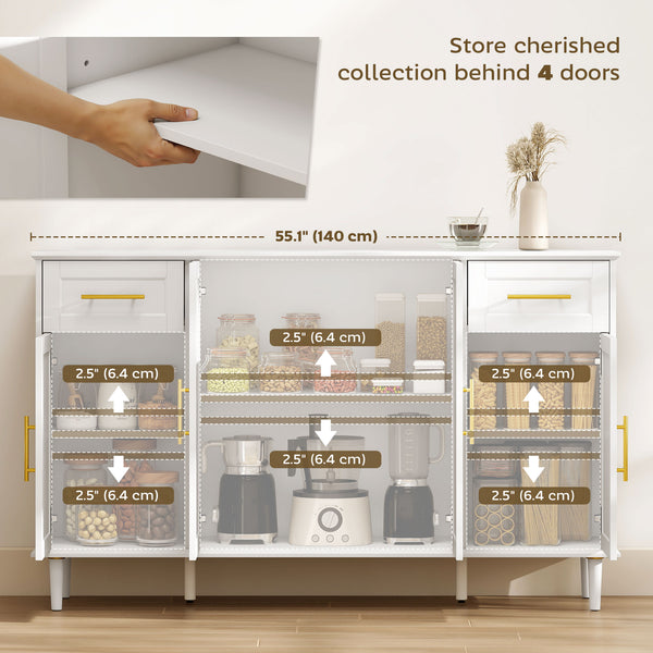 Sideboard with soft-close doors with 2 drawers, 3 adjustable shelves and 4 doors, white