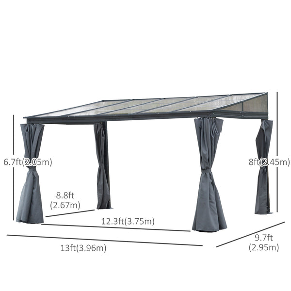 10' x 13' Hardtop Pergola with Polycarbonate Roof and Curtains, Gray
