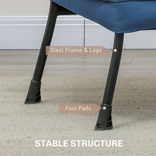 Accent chair with side pockets and solid steel legs, blue