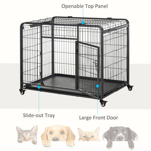 Foldable, sturdy cage with double door, lockable wheels and tray