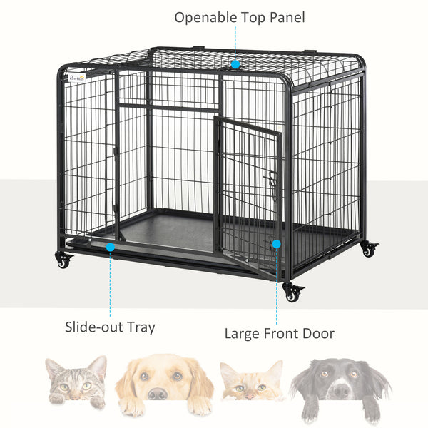 Foldable, sturdy cage with double door, lockable wheels and tray