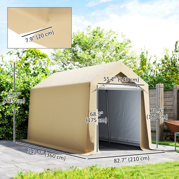 Portable garden shed with roll-up door, beige