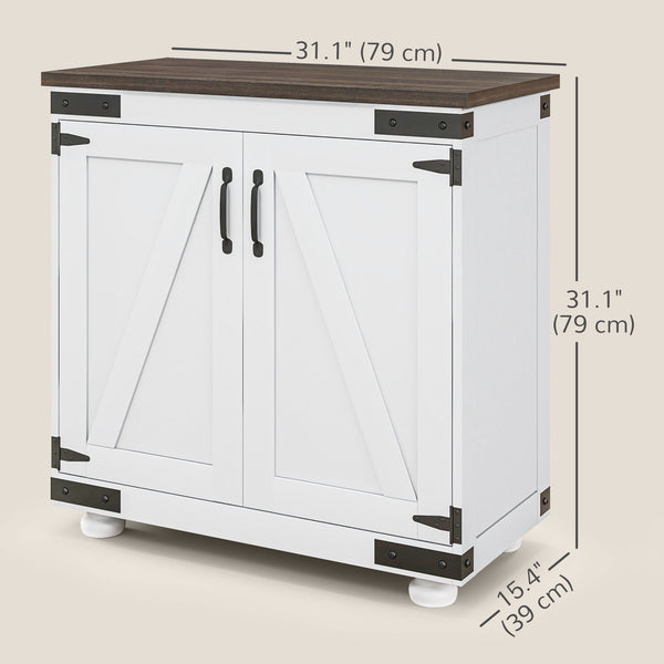 Storage Sideboard with Barn-Style Sliding Door and Adjustable Shelves, White and Brown