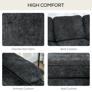 Modern corner sofa with right chaise longue, 3 seater upholstered with wooden legs, black