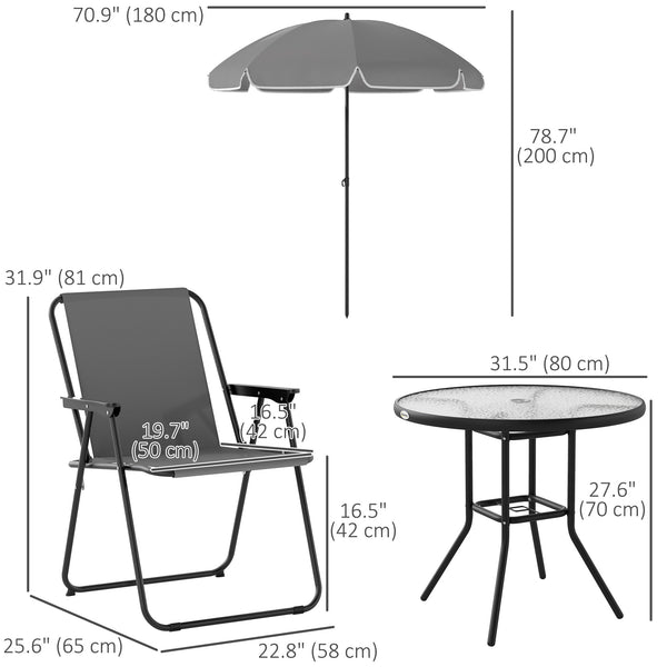6-Piece Dining Set with Umbrella, Folding Chairs and Glass Table, Grey