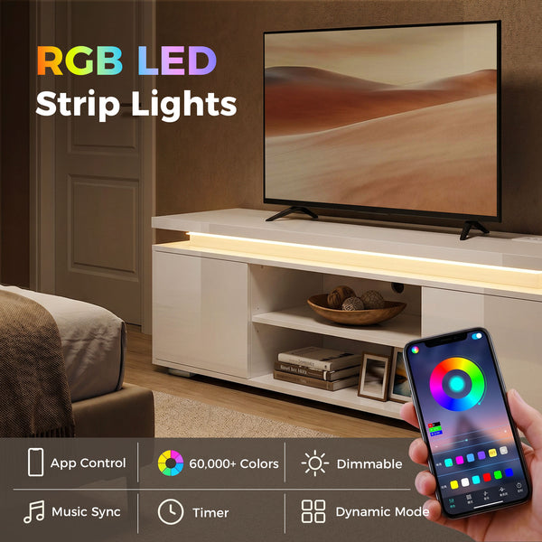 Meuble pour téléviseurs jusqu'à 60 pouces avec éclairage LED et prises électriques, blanc brillant