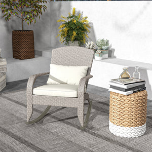 Outdoor Adirondack-style rocking wicker chair with high back, cream white