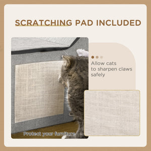 Cat house with soft cushion, scratching post, hanging ball and double entrance, grey.