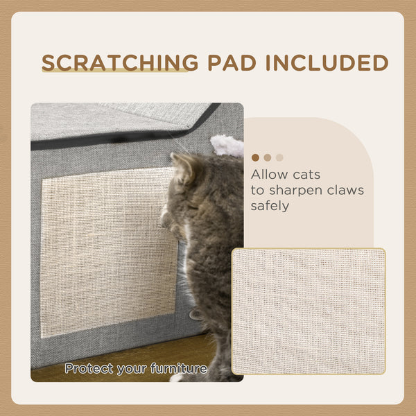 Cat house with soft cushion, scratching post, hanging ball and double entrance, grey.