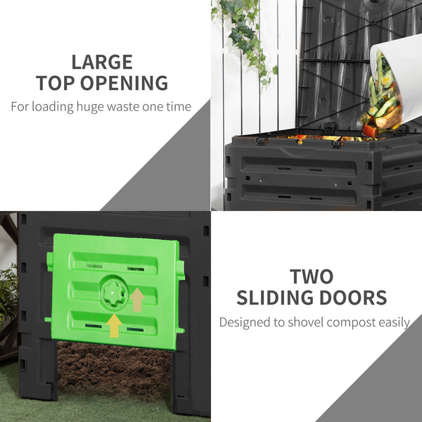 Garden composter with 80 ventilation holes and 2 sliding doors, 450 L, black