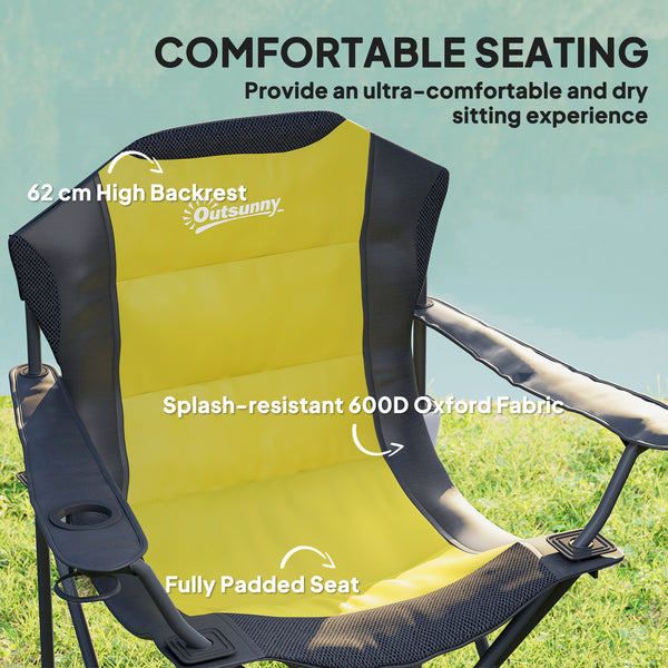 Set of 2 folding camping chairs with high back and cup holder 