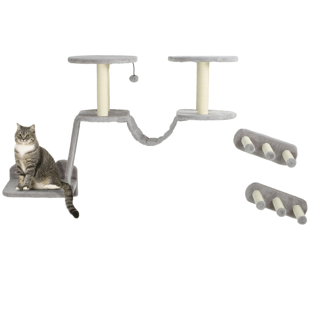 Wall-mounted cat shelves with scratching post, perches, steps and ladder, light grey