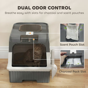 Enclosed litter box with drawer and top entry, grey