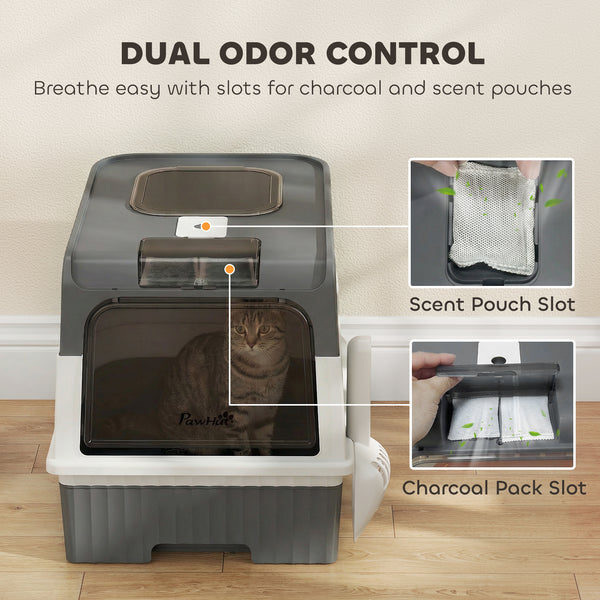 Enclosed litter box with drawer and top entry, grey