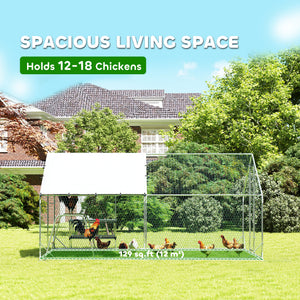 Metal chicken coop with waterproof tarp, nest box and perches