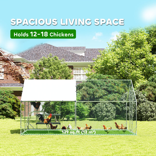 Metal chicken coop with waterproof tarp, nest box and perches