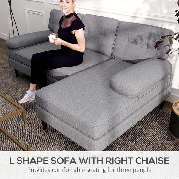 Modern corner sofa with chaise longue with wooden legs, gray