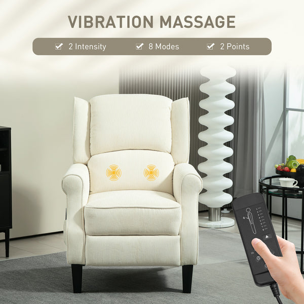 Lift-back recliner chair with vibration massage, extendable footrest, remote control, cream color