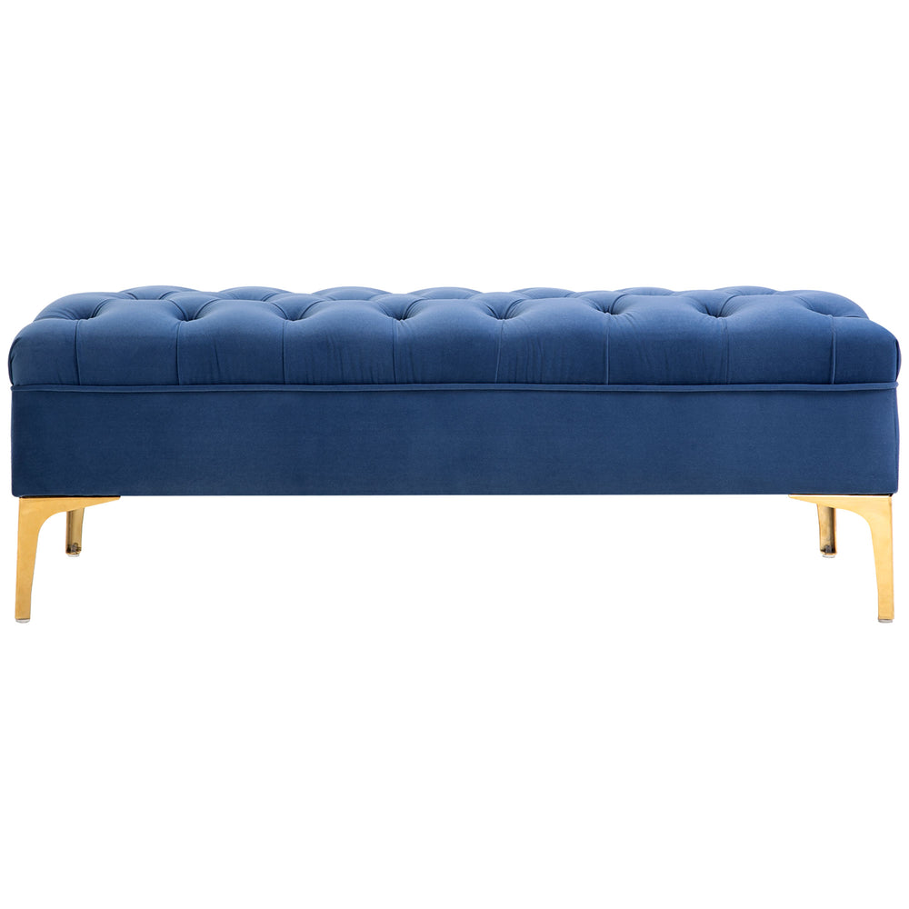 Upholstered bedside bench with button tufting, blue