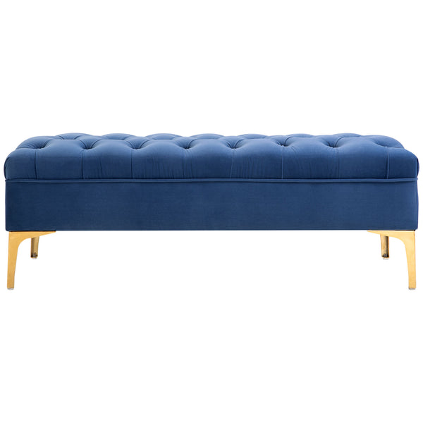 Upholstered bedside bench with button tufting, blue
