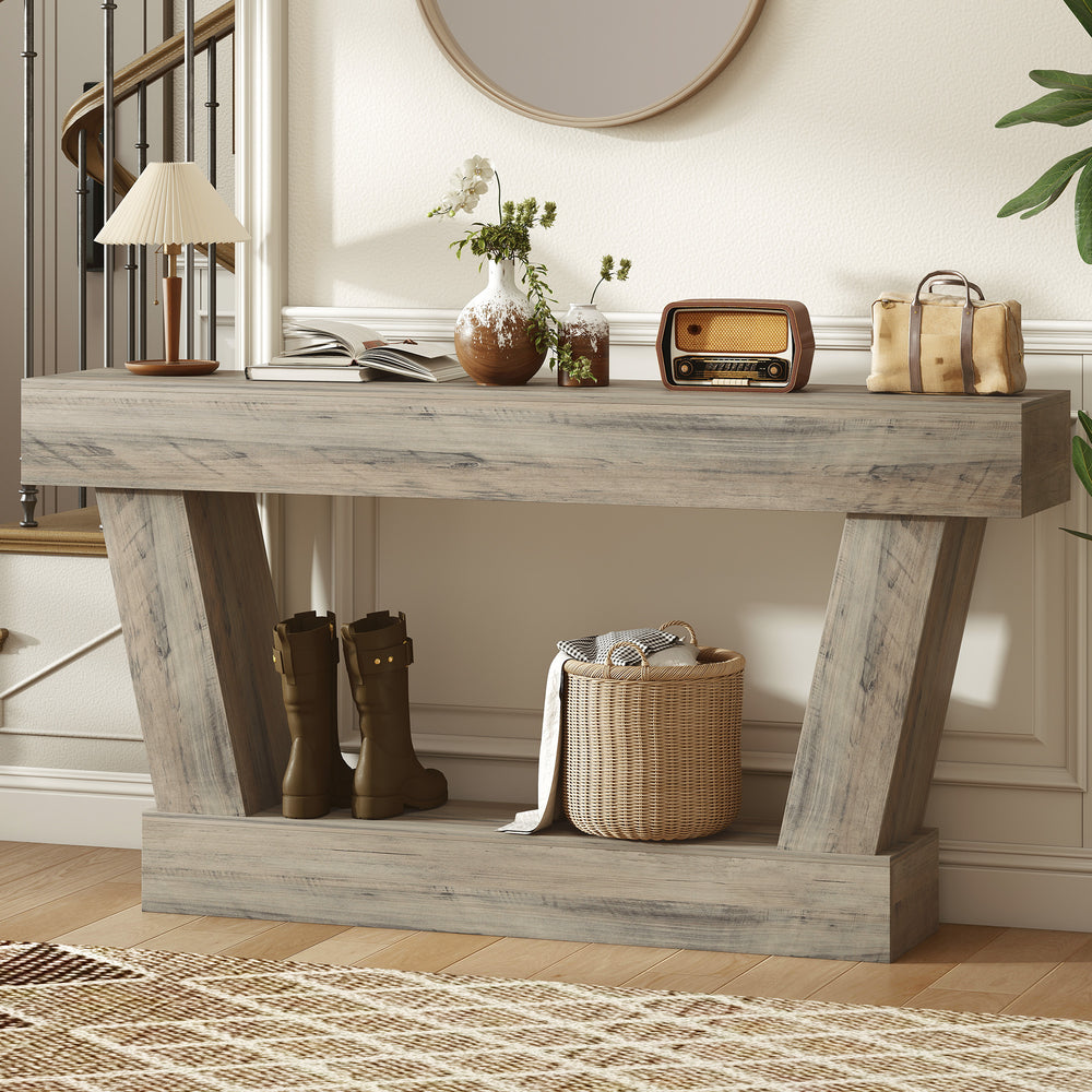 Vintage console table with open shelf for living room, light brown