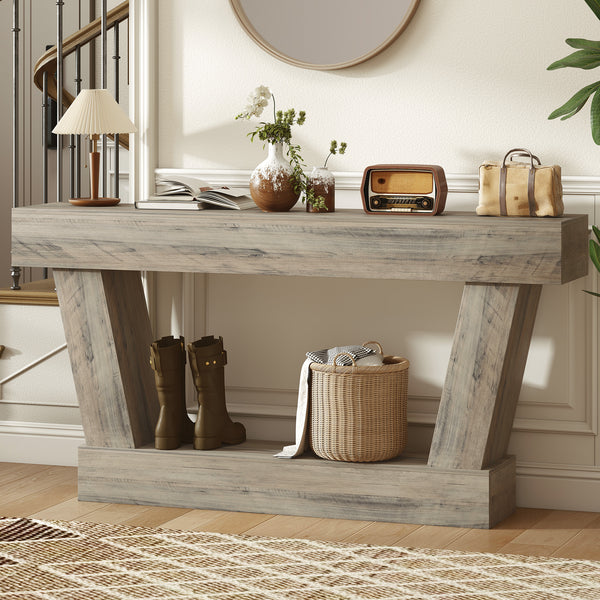 Vintage console table with open shelf for living room, light brown