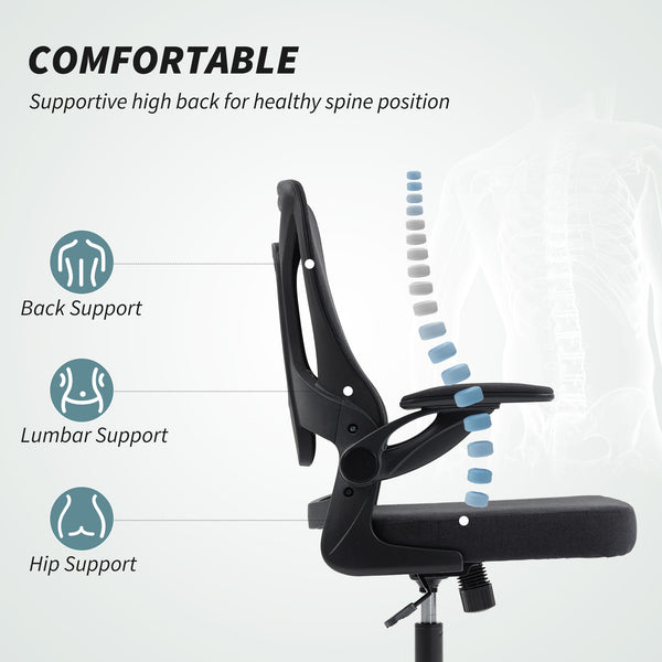 Ergonomic swivel office chair with adjustable lumbar support and height, flip-up armrests, casters, black