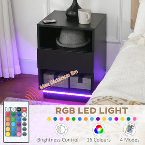 Bedside table with LED lighting and remote control, black