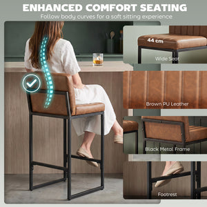 Set of 2 faux leather bar stools with curved backrest and footrest, brown
