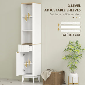 170 cm high, narrow bathroom cabinet with 3 open shelves, drawer and 2 adjustable shelves, white 