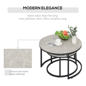 Set of 2 modern coffee tables with metal base for living room, cement gray