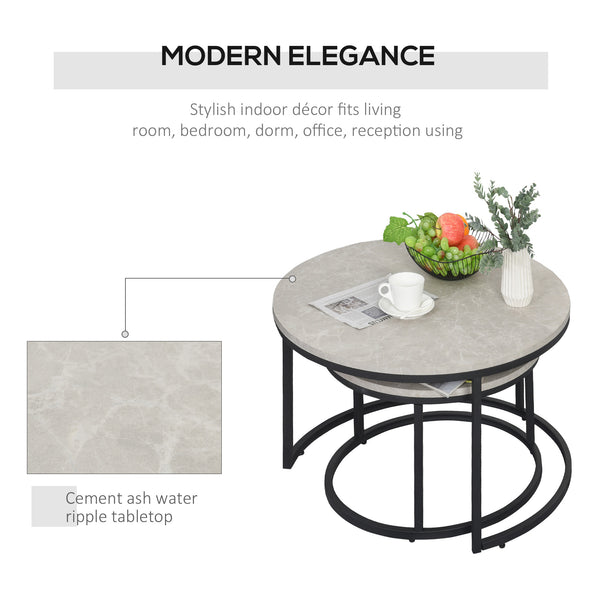Set of 2 modern coffee tables with metal base for living room, cement gray
