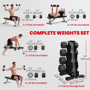 Set of 8 hexagonal dumbbells from 15 to 30 lbs with vertical storage rack