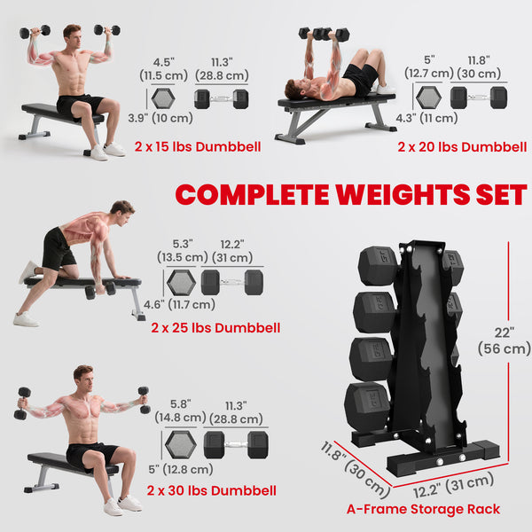 Set of 8 hexagonal dumbbells from 15 to 30 lbs with vertical storage rack