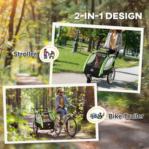 2-seater child bike trailer with 5-point harness, waterproof cover, green