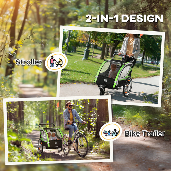 2-seater child bike trailer with 5-point harness, waterproof cover, green