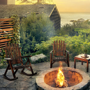 Adirondack style outdoor rocking chair with high back and slatted seat