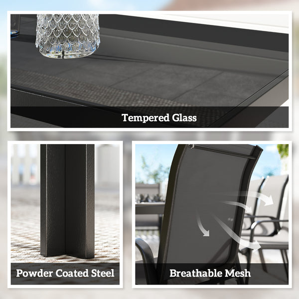 9-piece patio set, stackable chairs with glass tops for garden, terrace, yard, black
